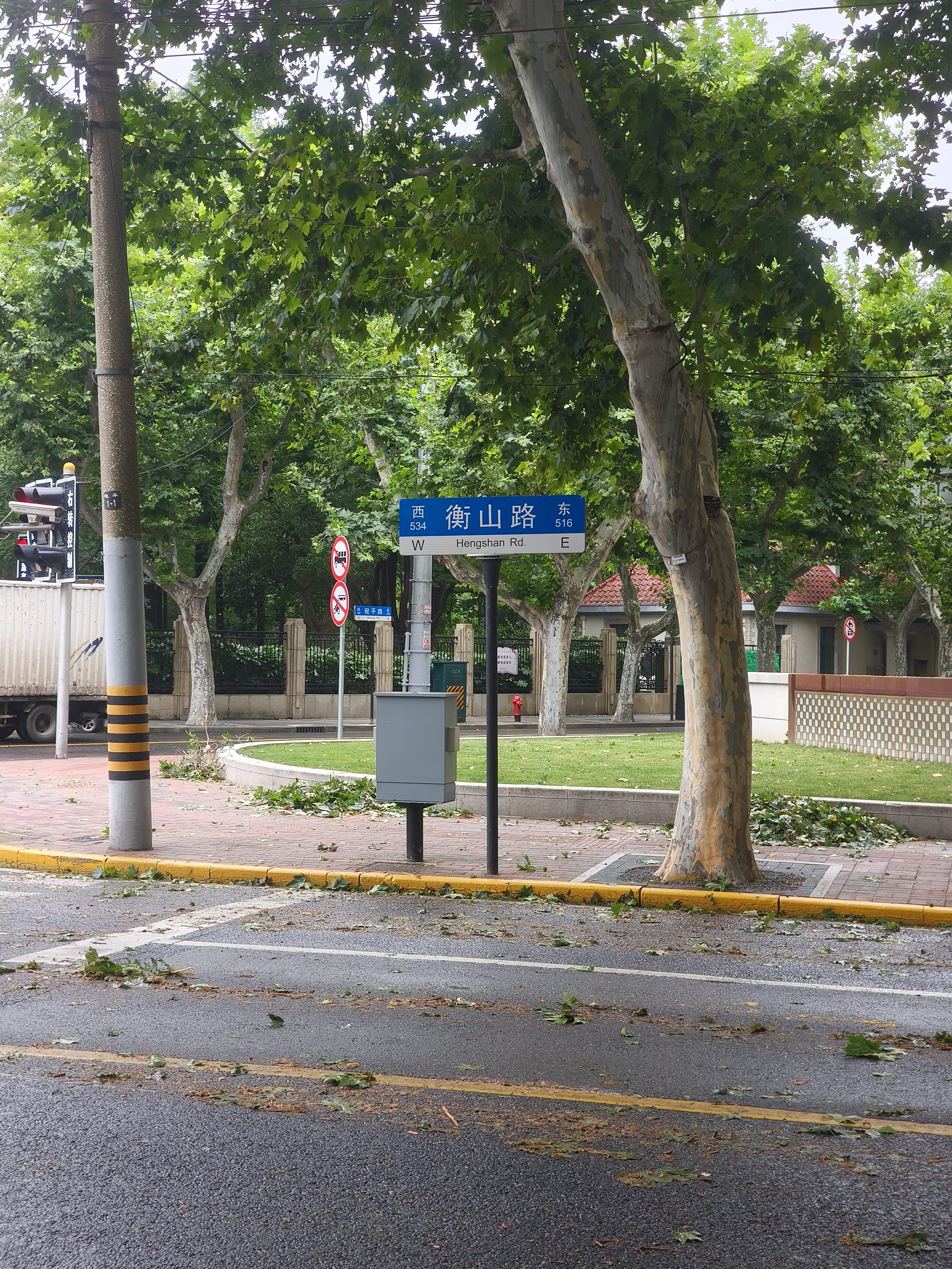 衡山路宛平路交叉口,由于台风刚过,地面满是落叶
